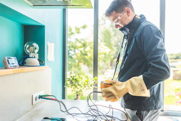 Diagnostiqueur immobilier réalisant un diagnostic électrique